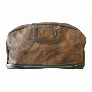 Vintage 1970s Brown Faux Leather Overnight Bag UK Made Weekend Travel Satchel